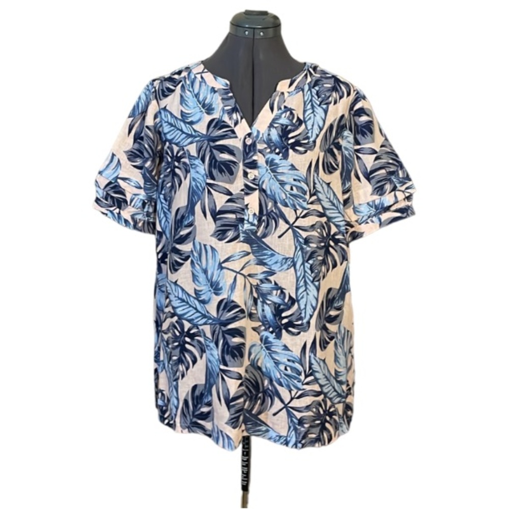 Coral Bay Light Pink and Blue Linen Mix Tropical Shirt Size Large